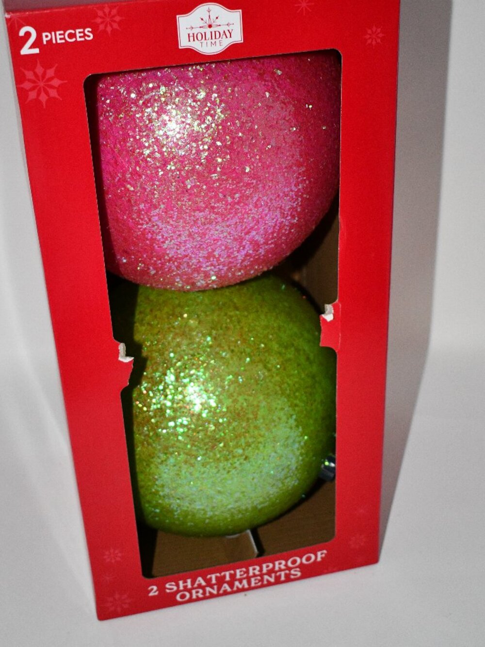 Holiday Time 2 Shatterproof Round Christmas Ornaments 7.5" Green & Hot Pink Glit